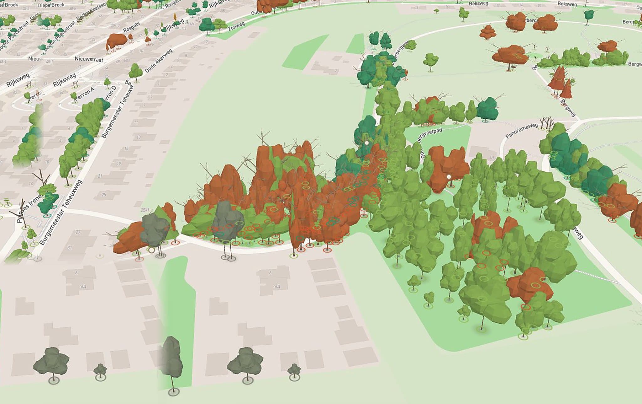 3D-weergave van een geïnventariseerd bomenbestand in IDA Bomen, elke boom gekleurd naar opvolging van de boomveiligheidscontrole